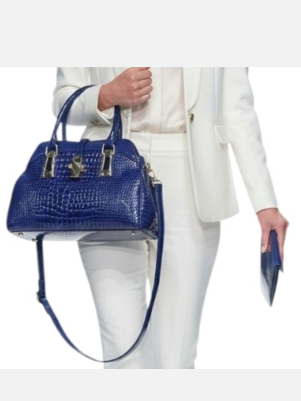 Blue Faux Croc Handbag With Pouch